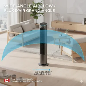 Diagram of the wide-angle oscillation of a smart tower fan, providing full-room air circulation.