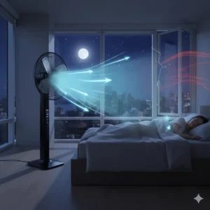 Illustration of the most powerful fan for a hot room placed by a window to pull in cool night air in a Canadian bedroom.