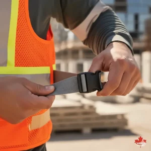 Demonstrating the adjustable side straps on a high visibility cooling vest for a secure, ergonomic fit.