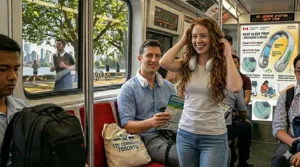 Close-up illustration of a woman with long hair using a bladeless neck fan, emphasizing safety and its ranking as the "best neck fan" for comfort.