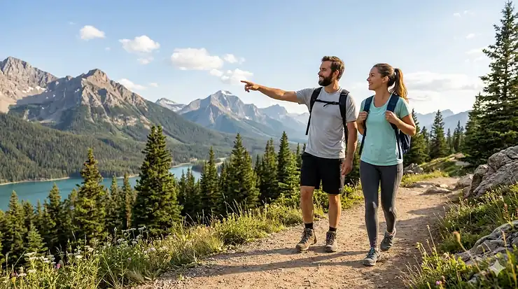 A man and woman hiking a sunny Canadian mountain trail wearing moisture-wicking cooling t-shirts for summer comfort.