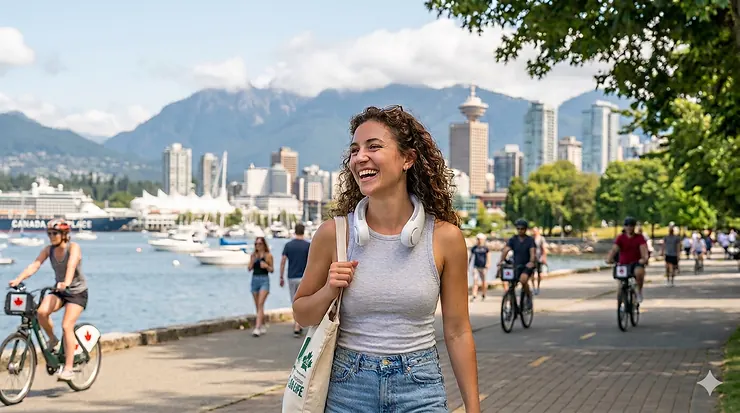 A person in Vancouver wearing the best neck fan during a summer heatwave, keeping cool while walking along the seawall with the city skyline in the background.