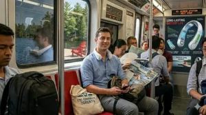 A relaxing scene on a Muskoka dock where a person wears a quiet neck fan while reading, demonstrating its long battery life.