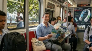 An illustration of a runner in Stanley Park, Vancouver, using a lightweight, sports-friendly neck fan to manage heat.