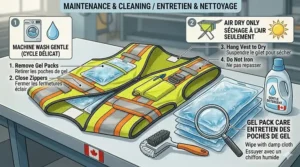 A technical manual-style illustration with bilingual English and French instructions for the proper washing and maintenance of a cooling vest and gel packs.