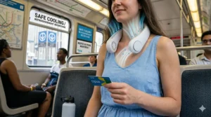 A safety diagram highlighting the finger-safe enclosed air intake of a bladeless neck fan, ideal for Canadian families and curious children.