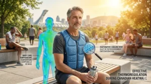 Infographic showing how an evaporative cooling vest helps regulate body core temperature during a hot summer day in Montreal.