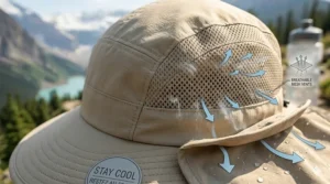 Close-up illustration showing the breathable mesh vents on a cooling hat with neck flap to allow maximum airflow.