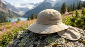 A cooling hat with neck flap graphic featuring bilingual English and French "Stay Cool / Restez au Frais" text for Canadian users.