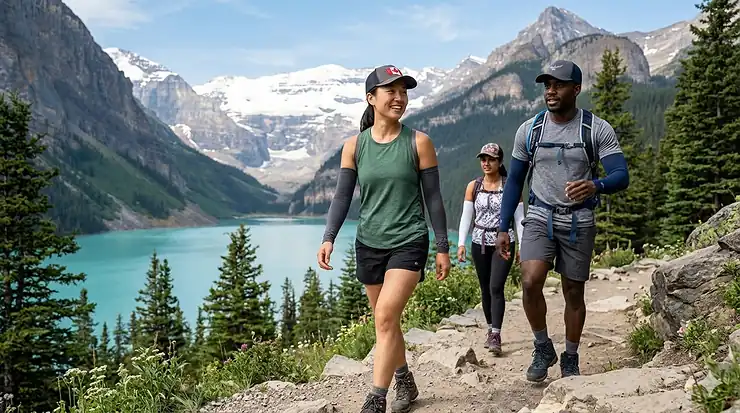 A group of hikers wearing cooling arm sleeves for UV protection while trekking through Banff National Park, Alberta.
