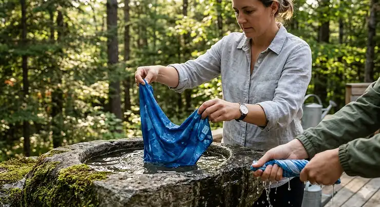 A hiker wearing a cooling bandana for neck relief while trekking in the Canadian Rockies.