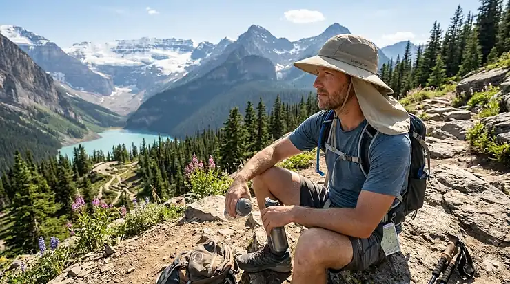 A person wearing a high-visibility cooling hat with neck flap while hiking in the Canadian Rockies, providing UPF protection and heat relief.