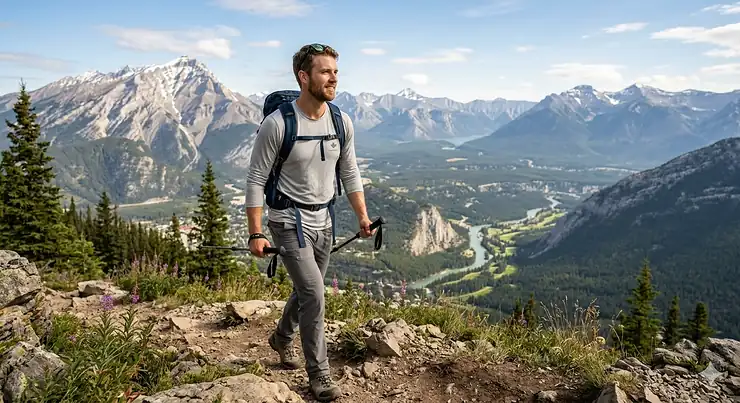 A man hiking in the Canadian Rockies wearing a breathable cooling long sleeve shirt for sun protection and heat management.