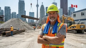A Canadian construction worker wearing a high-visibility cooling neck wrap under a hard hat for on-the-job heat relief.