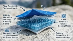 A technical cross-section of cooling neck wrap fabric showing moisture-wicking layers and evaporative cooling technology.