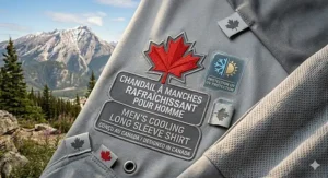 Product graphic for a men's cooling long sleeve shirt (chandail à manches longues rafraîchissant pour homme).