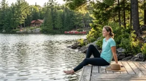 A woman relaxing on a wooden dock by a calm Muskoka lake in Ontario, wearing a breathable cooling t-shirt for a perfect summer cottage afternoon.