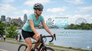 A cyclist riding along the St. Lawrence River in Montreal, wearing a cooling t-shirt for summer (t-shirt de refroidissement pour l'été) with visible airflow technology.