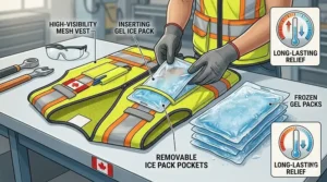 A photorealistic close-up illustration of gloved hands inserting a frozen gel pack into the internal pocket of a high-visibility cooling vest.