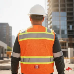 High visibility cooling vest featuring reflective strips meeting Canadian workplace safety visibility standards.