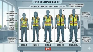 A comprehensive size chart illustration for men and women with bilingual (English and French) labels for finding the perfect fit of a cooling vest.