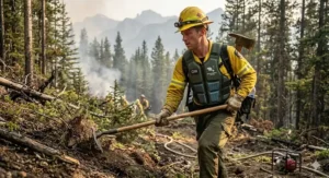 An Alberta wildland firefighter wearing a high-performance cooling vest during a hot summer deployment in the Rocky Mountains.