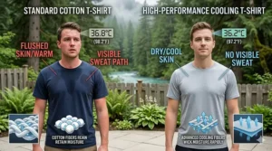 Side-by-side comparison infographic showing a man in a damp cotton shirt versus a man in a dry, comfortable cooling t-shirt during a Canadian summer day.