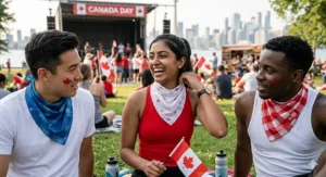 A cyclist wearing a blue cooling bandana for neck cooling while riding along the Vancouver seawall with the city skyline behind.