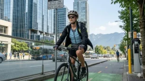 Urban cyclist in Vancouver using a sleek evaporative cooling vest to stay dry and cool during a humid summer commute.