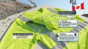 Close-up photorealistic view of reinforced multi-needle stitching and high-tensile thread on a durable safety cooling shirt.