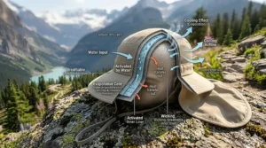 Technical diagram showing how the cooling hat with neck flap uses evaporative technology to lower head temperature in humid climates.