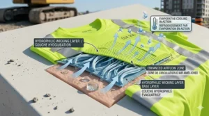 Diagram of evaporative cooling action and enhanced airflow zones within a breathable high visibility work shirt.