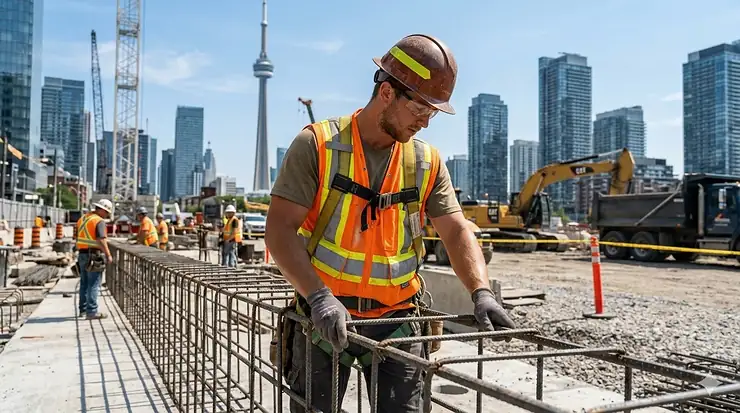 A Canadian construction worker wearing a high-visibility evaporative cooling vest on a sunny job site in Toronto; gilet de refroidissement par évaporation.