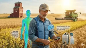 Illustration of a Canadian farmer in the Prairies wearing a cooling vest while working under the midday sun to manage heat stress.