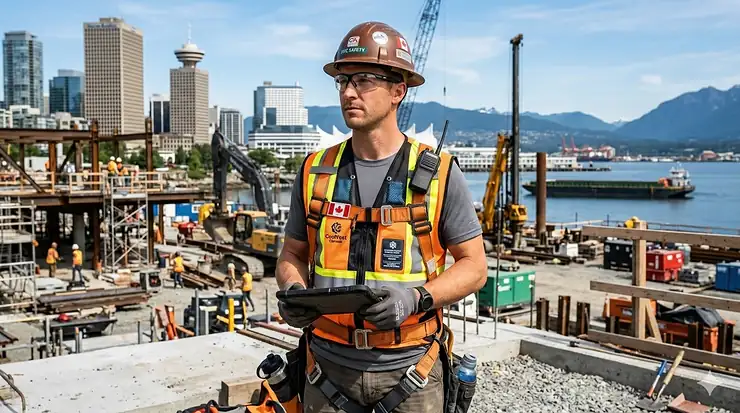 A professional worker wearing a high-visibility phase change cooling vest on a Canadian construction site with a city skyline in the background.