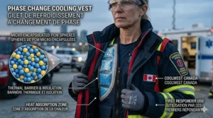A Canadian first responder wearing a phase change cooling vest under protective uniform gear, prepared for emergency operations in warm conditions.
