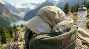 A graphic showing a lightweight cooling hat with neck flap folded into a small travel bag, perfect for camping in Canadian provincial parks.