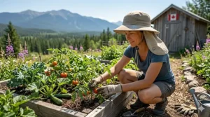 A stylized illustration of a gardener wearing a cooling hat with neck flap while working in a backyard vegetable garden.