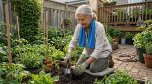A Canadian gardener using a cooling neck wrap to prevent heat exhaustion while working in a backyard vegetable patch.