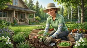 Canadian gardener wearing floral pattern cooling arm sleeves for UV protection while planting.