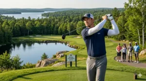 A golfer wearing white cooling arm sleeves for UV protection on a sunny Ontario golf course.