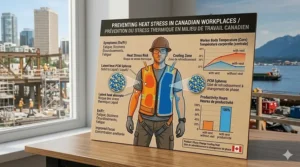 Infographic displayed in a workspace showing the health benefits of using phase change cooling vests to prevent heat stress during Canadian heatwaves.