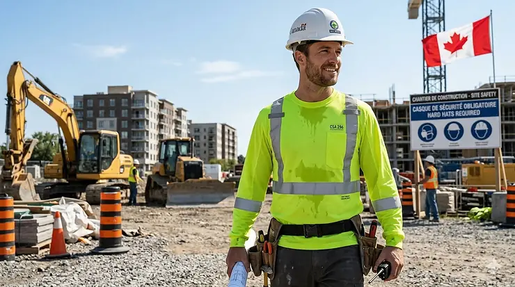 A Canadian construction worker wearing a high visibility cooling shirt on a sunny outdoor job site. / Un travailleur de la construction canadien portant un chandail de sécurité rafraîchissant à haute visibilité.