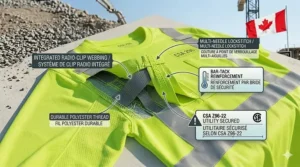 Detailed illustration of integrated radio clip webbing and utility chest pockets on a professional high visibility cooling shirt.