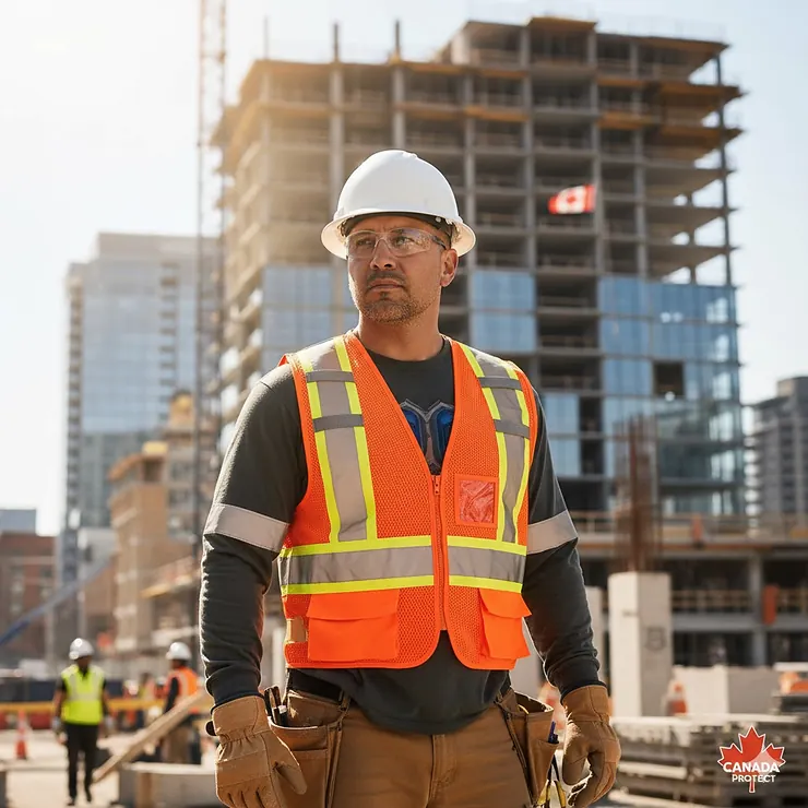 Worker wearing a high visibility cooling vest on a sunny Canadian construction site for heat safety.