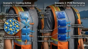 Technical diagram showing how micro-encapsulated phase change material spheres inside a cooling vest absorb body heat and solidify to maintain a constant 14°C.