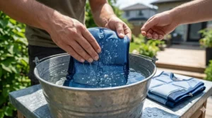 Diagram showing how to soak an evaporative cooling vest in water to activate Canadian summer heat relief technology.