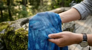 A woman activating a blue cooling bandana for neck use by soaking it in a rustic stone water basin outdoors.