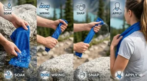 Step-by-step diagram showing how to soak, wring, and snap a cooling neck wrap for maximum activation.