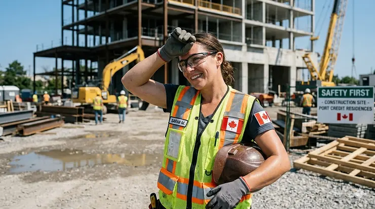 A construction worker wearing a high-visibility ice pack cooling vest on a sunny job site in Toronto, Canada.